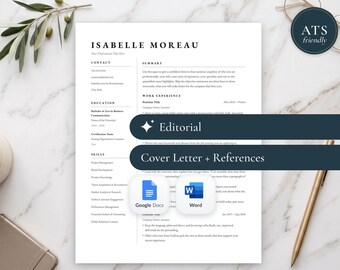 Modèle de CV à deux colonnes pour Google Docs, Word et Pages | CV éditorial Serif, CV professionnel compatible ATS, lettre de motivation + suivi des candidatures