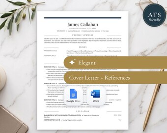 Modèle de CV élégant pour Google Docs, Word et Pages | CV classique professionnel, CV d'une page compatible avec les systèmes de suivi des candidatures (ATS), lettre de motivation + suivi des candidatures