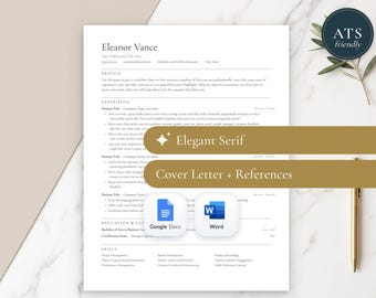 Modèle de CV élégant à police Serif pour Google Docs, Word et Pages | CV professionnel classique, CV compatible avec les systèmes de suivi des candidatures (ATS), lettre de motivation + suivi des candidatures