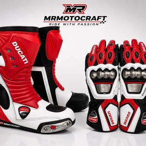 May include: A pair of red, white, and black Ducati motorcycle boots and matching leather gloves. The boots feature protective plating and the Ducati logo. The gloves have reinforced knuckle guards, wrist straps, and the Ducati brand name printed.