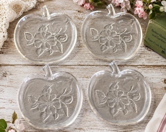 Vintage Hazel Atlas Äppelblom Snackstallrikar Set med 4 Transparenta