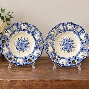 Vintage Vestal Portuguese Blue & White Pierced Wall Plates Pair – Hand Painted Pottery