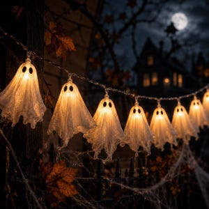 May include: A string of decorative lights featuring multiple white, ghost-shaped covers made of a textured, lace-like fabric. Each ghost has two small, dark oval eyes and is illuminated from within by a warm, glowing light bulb.
