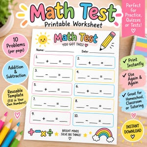 Könnte beinhalten: Ein ausdruckbares Mathe-Arbeitsblatt mit zehn nummerierten Additions- und Subtraktionsaufgaben mit leeren Feldern für Zahlen. Die Seite enthält ein gelbes Sonnensymbol, eine Bleistiftillustration, einen Regenbogen und den Text Math Test You Got This.