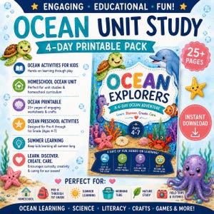 Actividades oceánicas para niños / Unidad didáctica sobre el océano (imprimible) / Aprendizaje de verano para educación en casa / Edades: 4-7 años (PDF)