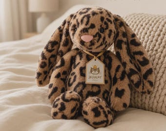 Jellycat pluche luipaardkonijn, zacht knuffeldier met slappe oren, knuffelig knuffelkonijn