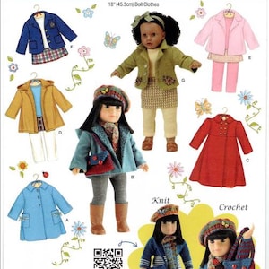May include: A Simplicity 3551 sewing pattern envelope for 18-inch (45.5cm) doll clothes. The front displays illustrations of various outfits including coats, jackets, skirts, and trousers, alongside two dolls modelling knit and crochet accessories like hats and bags.