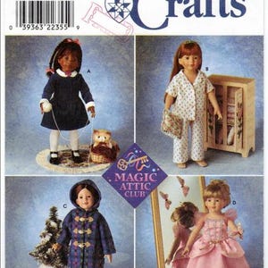 May include: Simplicity Crafts pattern 8460 for Magic Attic Club dolls. The envelope features four dolls wearing different outfits: a navy dress, floral pyjamas, a hooded plaid coat, and a pink gown, with various accessories like a mirror and tree.