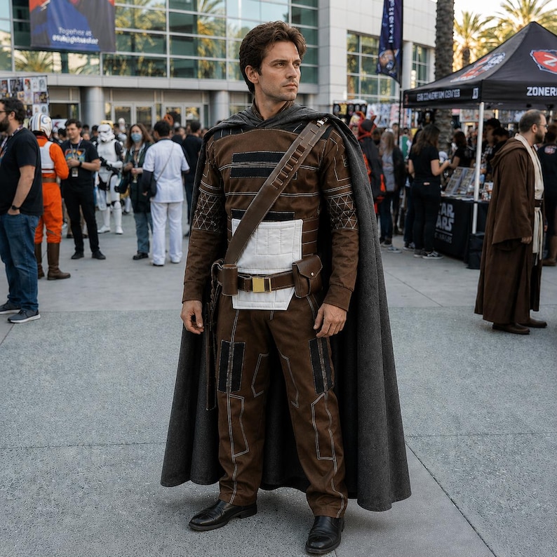 May include: A brown long-sleeved shirt and matching pants costume featuring a white rectangular chest panel, black accents, and a dark gray cape. A brown utility belt with a gold buckle and attached pouches is worn diagonally across the torso.