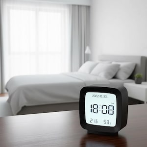 May include: A black square digital alarm clock with rounded corners featuring a white screen displaying the time 18:08, the date 2022.10.30, the day SUN, a temperature of 21.6 degrees Celsius, and a humidity level of 53 percent.