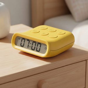 May include: A bright yellow digital alarm clock with a curved front display showing the time 07:00 AM. The top surface features six circular control buttons arranged in two rows, with a small clock icon visible on the right side of the screen.