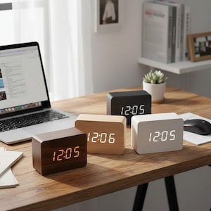 Wooden Digital Alarm Clock, LED Display, Modern Retro Desk Clock, Sound Activated Home Decor