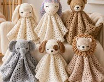 Colección de patrones de mantas de ganchillo: Conejito, Unicornio, Oso, Elefante, Cachorro, León (Descarga en PDF)