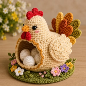 May include: A cream-colored crochet chicken figurine with a red comb and wattle, featuring a hollow body containing three small white crochet eggs. The chicken sits on a green crochet base decorated with small pink, yellow, white, and purple flowers.
