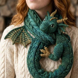 Könnte beinhalten: Ein handgestrickter grüner Drachenschal mit einem strukturierten Zopfmuster, goldfarbenen Akzenten an Flügeln, Hörnern und Krallen sowie einem detaillierten Drachenkopf mit großen Augen. Der Schal ist um den Hals gewickelt und zeigt einen Schwanz.