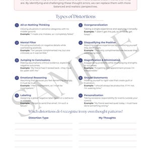May include: A white educational worksheet titled Cognitive Distortions with a light pink border. It lists ten types of distortions including All-or-Nothing Thinking and Personalization, each with a definition and example, plus a bottom section for notes.