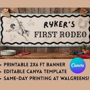 May include: A rectangular banner with a scalloped black border featuring a sketch of a cowboy on a bucking horse, stars, a horseshoe, and the text "RYKER'S FIRST RODEO". The banner has a light blue and white plaid background pattern.