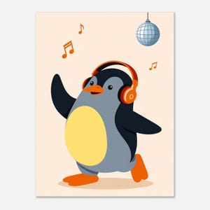 May include: A digital illustration of a penguin wearing orange headphones, dancing with one flipper raised. The penguin has a gray body, a yellow belly, and orange feet. A silver disco ball hangs above, and orange musical notes float in the air.