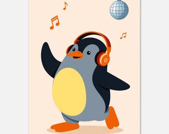 May include: A digital illustration of a penguin wearing orange headphones, dancing with one flipper raised. The penguin has a gray body, a yellow belly, and orange feet. A silver disco ball hangs above, and orange musical notes float in the air.