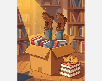 Könnte beinhalten: Ein Pappkarton gefüllt mit Büchern und einem Paar Beine in blauen Jeans und braunen Stiefeln, mit einer kleinen orangefarbenen Katze, die auf einem Stapel aus drei Büchern schläft, vor hölzernen Bücherregalen in einer Bibliothek.