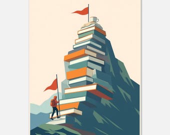 May include: A digital illustration of a person with a backpack climbing a mountain made of stacked books. The peak features a white coffee mug and a red flag. The books have orange and blue covers, and the climber holds a red flag on a pole.