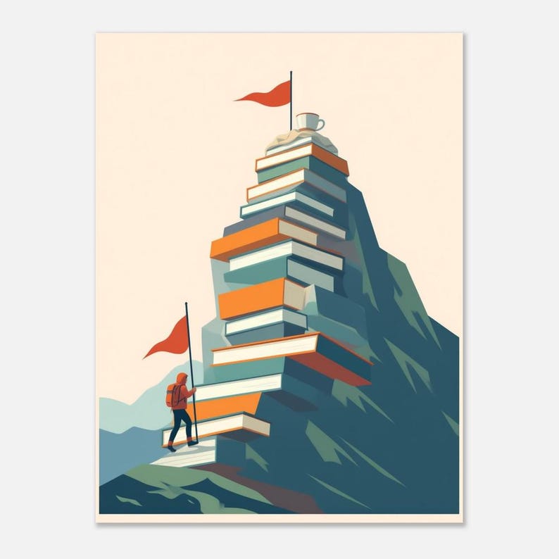 Book Lover Wall Art, Book Mountain Poster, Reading Nook Decor, Gift for Readers image 1
