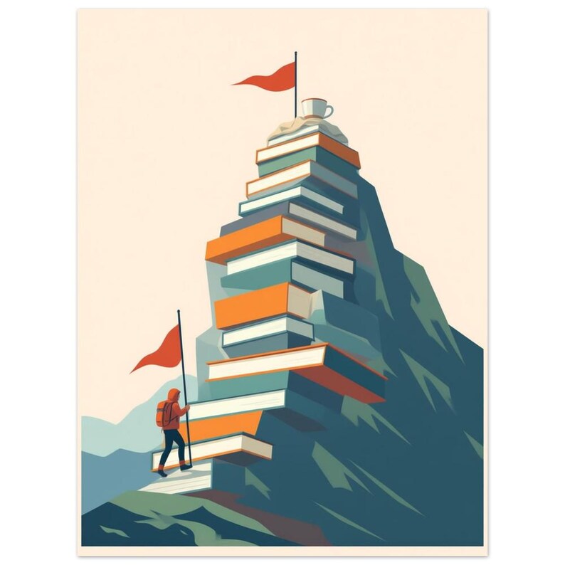 Book Lover Wall Art, Book Mountain Poster, Reading Nook Decor, Gift for Readers image 2