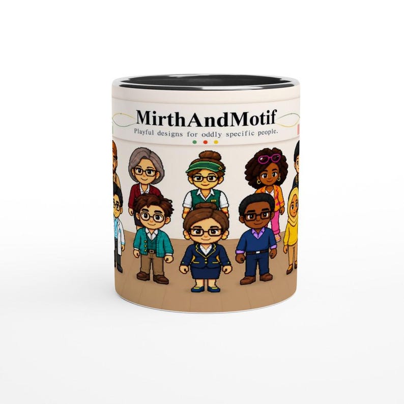 Funny Office Mug, Coworker Gift, Meet the Team Illustrated Wrap, 11 oz Ceramic Coffee Cup image 1