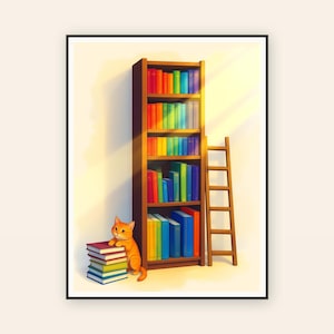 Regenboog boekenplankposter, boekenliefhebber muurkunst, kleurrijke bibliotheekprint voor bibliofielen