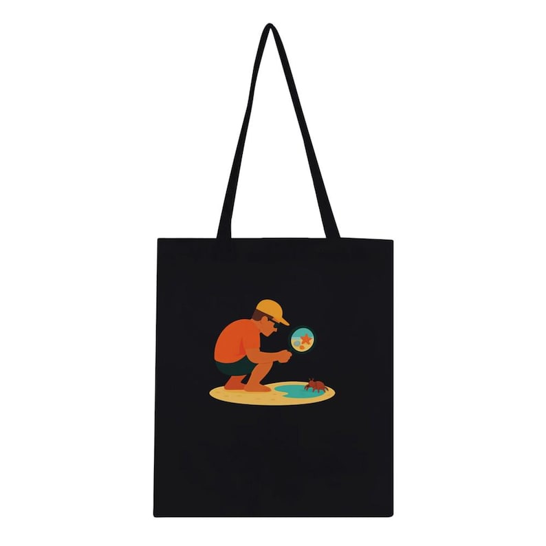 Tide Pool Inspector Tote Bag, Marine Biology Gift, Beachcomber Present, Black Canvas Bag for Ocean Lovers image 1