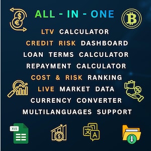 以下が含まれることがあります： ALL-IN-ONEというタイトルのダークブルーのデジタルグラフィック。LTV CALCULATOR、CREDIT RISK DASHBOARD、LOAN TERMS CALCULATOR、REPAYMENT CALCULATOR、COST & RISK RANKING、LIVE MARKET DATA、CURRENCY CONVERTER、MULTILANGUAGES SUPPORTという金融ツールのリストが表示されています。