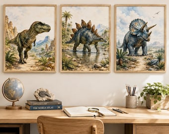 May include: Three framed wall art prints featuring prehistoric dinosaurs in natural landscapes. The left print shows a Tyrannosaurus Rex, the center print depicts a Stegosaurus in water, and the right print displays a Triceratops in a rocky terrain.