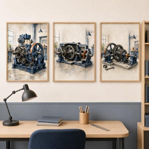 Puede incluir: Un conjunto de tres láminas de arte mural enmarcadas con ilustraciones detalladas en acuarela de maquinaria industrial. Cada lámina muestra complejos sistemas de engranajes azules y metálicos, ejes y componentes mecánicos en un taller.
