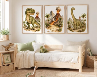 May include: Three framed wall art prints featuring prehistoric scenes. The left print shows a green Tyrannosaurus Rex, the center print depicts a volcanic eruption with lava, and the right print displays a long-necked Brachiosaurus in a landscape.