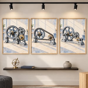 Puede incluir: Un conjunto de tres láminas de arte mural enmarcadas con ilustraciones detalladas de componentes de maquinaria industrial. Cada lámina muestra engranajes, cadenas y ejes de metal gris con detalles en color latón sobre un fondo azul claro y beige.