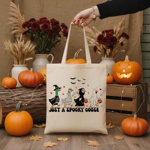 Just A Spooky Goose Halloween Tote Bag, Funny Goose Canvas Bag, Fall Grocery Tote, Pumpkin Patch Bag, Ghost Goose Gift, Book Lover Tote