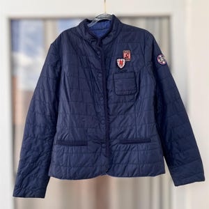 Luis Trenker Vändbar Quiltad Jacka Dam Storlek S/46 IT Blå Prickig Tillverkad i Italien Lättviktiga Designer Ytterkläder Patchwork Lappar