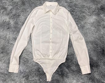 Wolford Women White Long Sleeve Cotton Bodysuit Shirt Size XS / Designer Button Up Bodysuit Blouse / Minimalist Quiet Luxury Capsule Top