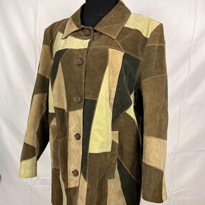 Vintage 90s Oversized Patchwork Suede Leather Jacket Women Size L-XL / / Earth Tone Multicolored Boho Hippie Grunge Long Coat