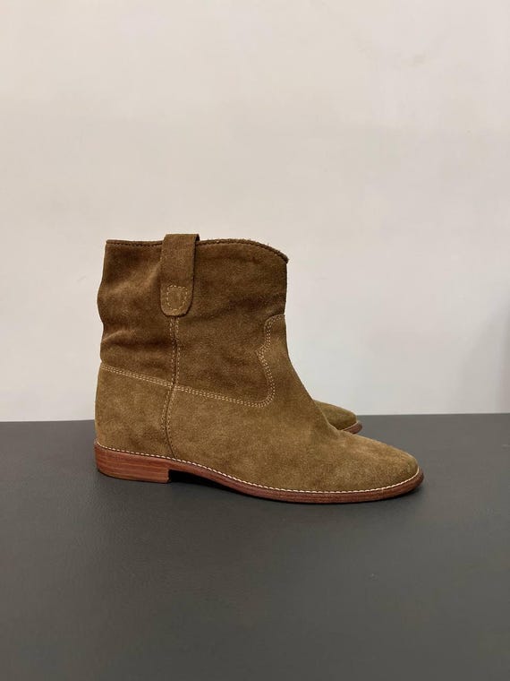 Isabel Marant Etoile Khaki Suede Ankle Boots Size 38, Western Cowboy Style Booties, Olive Green Designer Suede Shoes, Boho Chic View 4