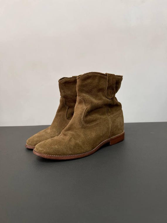 Isabel Marant Etoile Khaki Suede Ankle Boots Size 38, Western Cowboy Style Booties, Olive Green Designer Suede Shoes, Boho Chic