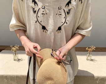 重厚な刺繍入りリネンポロシャツ｜オールドマネースタイルのリゾートシャツ｜メンズヴィンテージバケーショントップ