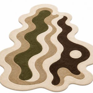 Luxury Handmade Abstract Wave Wool Rug, Organic Irregular Shape Area Carpet, Modern Olive Green Brown Beige Design for Living Room