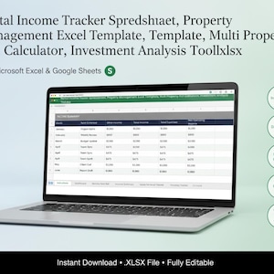Può includere: Un computer portatile che mostra un foglio di calcolo per il monitoraggio dei redditi da locazione con colonne per entrate, spese e reddito operativo netto. Lo schermo mostra un'interfaccia compatibile con Microsoft Excel e Google Sheets.