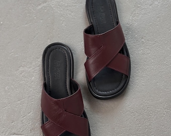 Criss Cross Genuine Leather Slides, Womens Minimalist Summer Mules, Comfortable Flat Sandals, Everyday Leather Footwear, Handmade Shoes