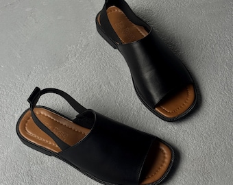 Minimalist Elastic Heel Sandals, Comfortable Summer Womens Flats, Handmade Open Toe Leather Shoes, Everyday Casual Footwear
