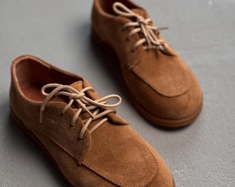 Women's Leather Derby Shoes, Casual Fall Footwear, Comfortable Orthopedic Lace-Up Flat Shoes, Minimalist Everyday Walking Shoes