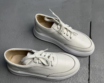 Womens Leather Sneakers, Minimalist White Leather Shoes, Platform Comfort Trainers, Handcrafted Everyday Footwear, Casual Summer Sneakers
