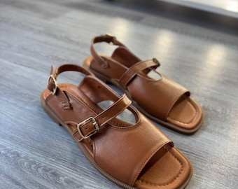 Handmade Leather Sandals, Women's Minimalist Sandals, Adjustable Two-Strap Leather Slides, Summer Open Toe Shoes, Comfortable Flat Sandals