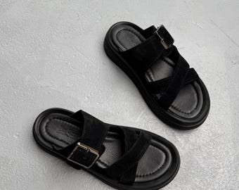Handmade Leather Sandals, Minimalist Adjustable Slides, Womens Flat Summer Shoes, Open Toe Suede Slippers, Comfortable Casual Beach Footwear